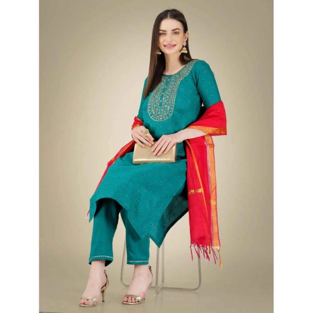 3-4 th Sleeve Embroidery Cotton Kurti Pant Dupatta Set (Light Green)