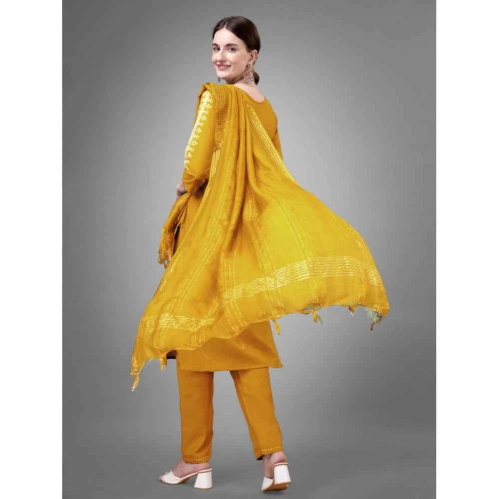 3-4 th Sleeve Embroidery Cotton Kurti Pant Dupatta Set (Yellow)