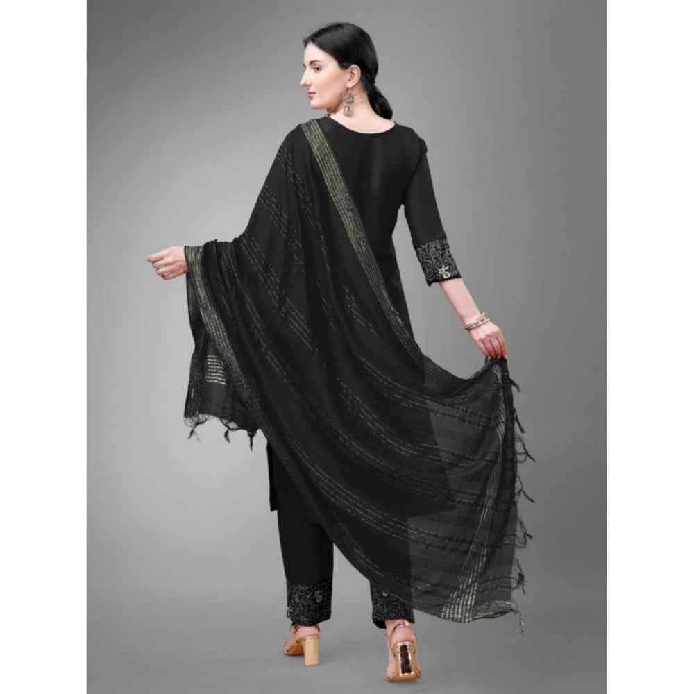 3-4 Sleeve Black Embroidery Kurti Set with Pant and Dupatta - Vividh