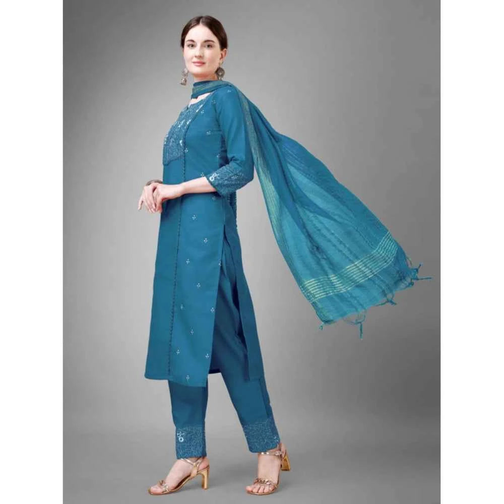 3-4 th Sleeve Embroidery Cotton Kurti Pant Dupatta Set (Blue )