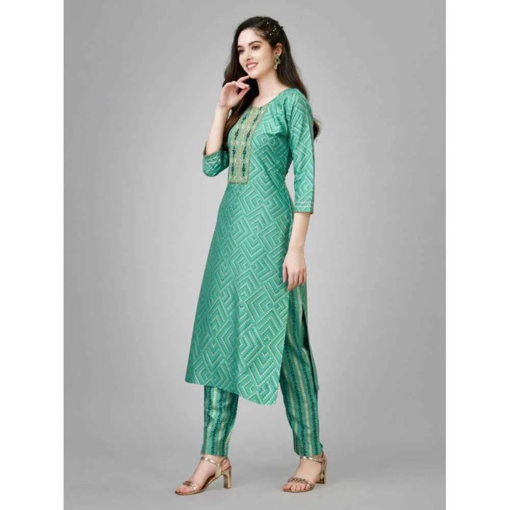 3-4 th Sleeve Embroidery Rayon Kurti Pant Set (Green)