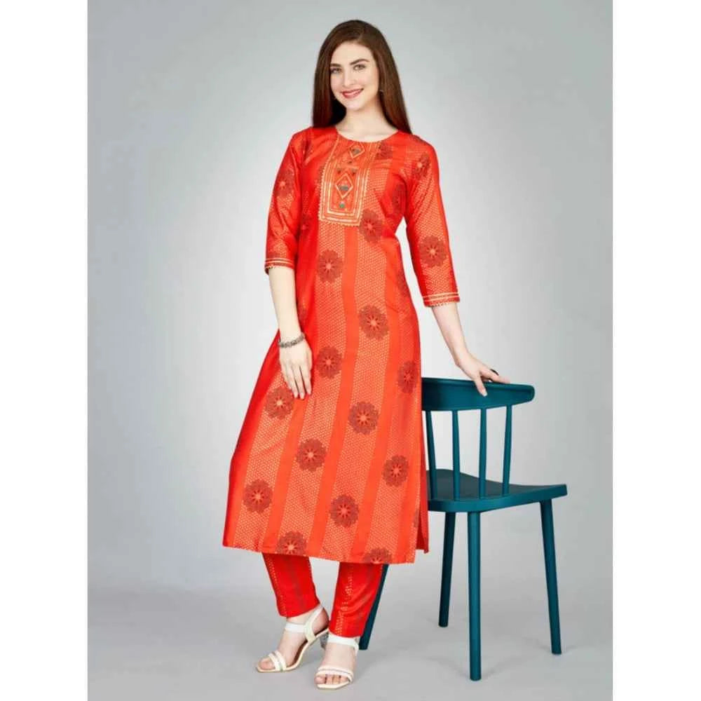 3-4 th Sleeve Embroidery Rayon Kurti Pant Set (Orange)