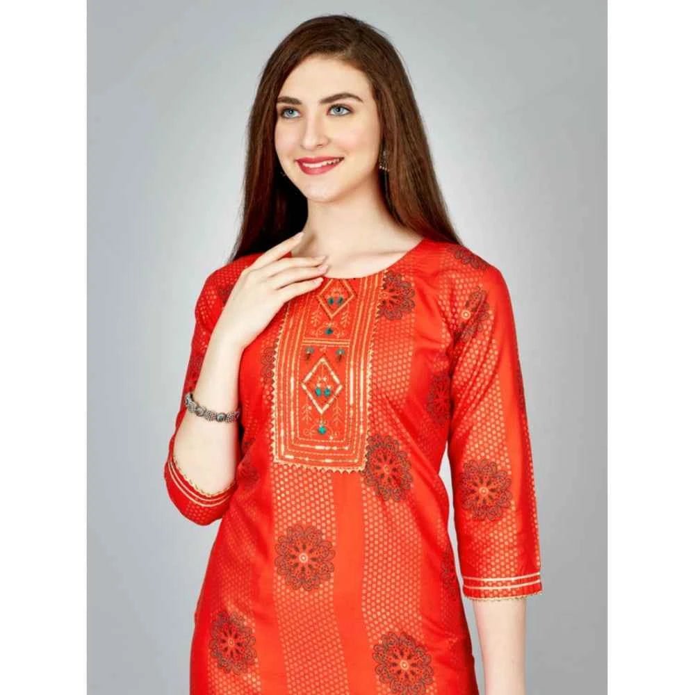 3-4 th Sleeve Embroidery Rayon Kurti Pant Set (Orange)