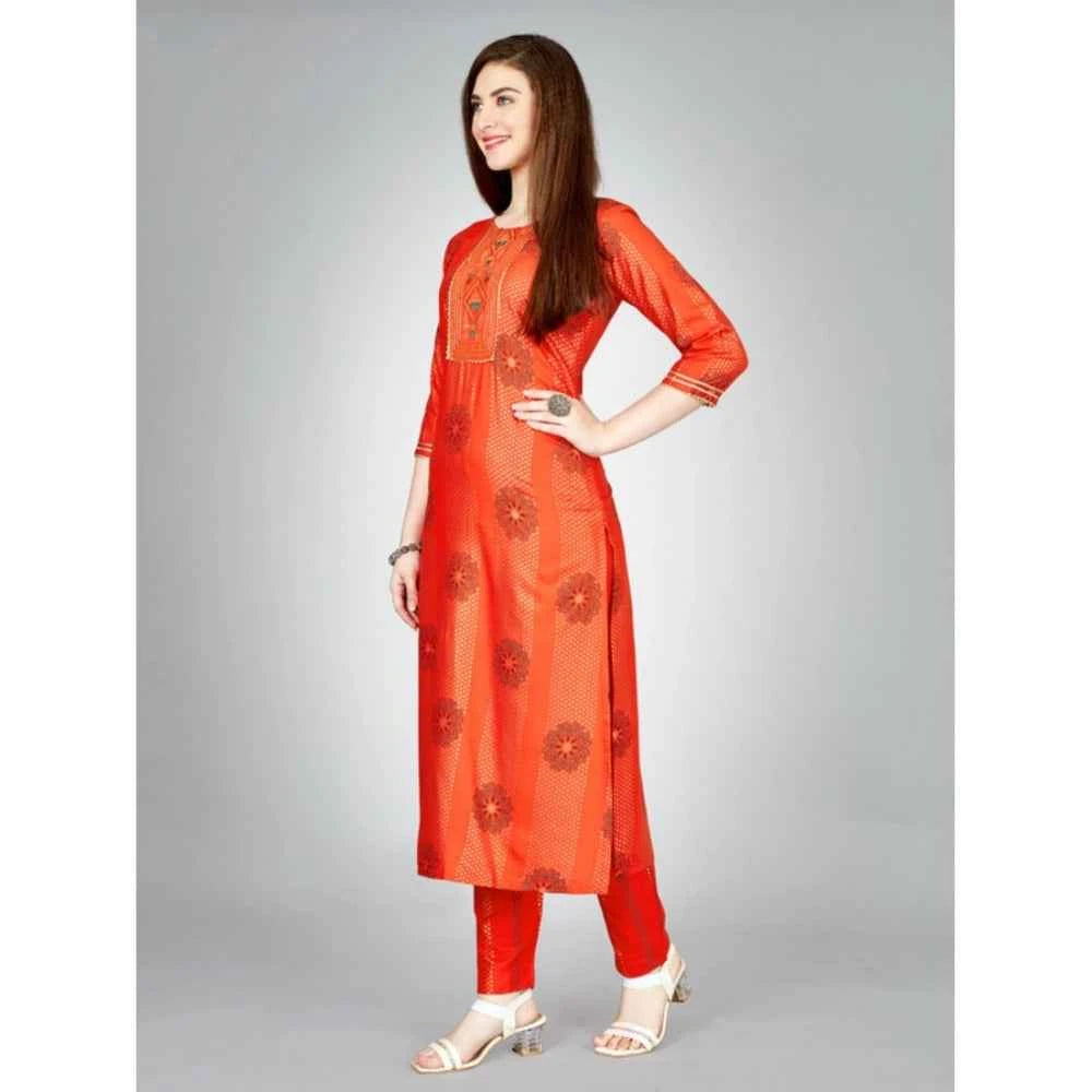 3-4 th Sleeve Embroidery Rayon Kurti Pant Set (Orange)