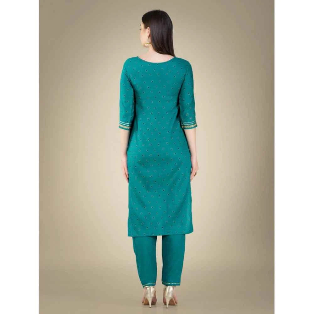 3-4 th Sleeve Embroidery Cotton Kurti Pant Dupatta Set (Light Green)