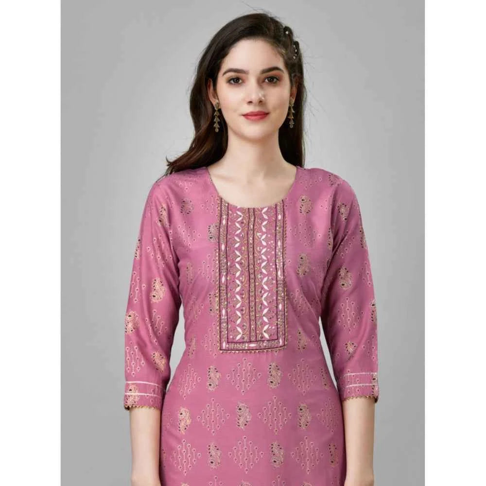 3-4 th Sleeve Embroidery Rayon Kurti Pant Set (Purple)