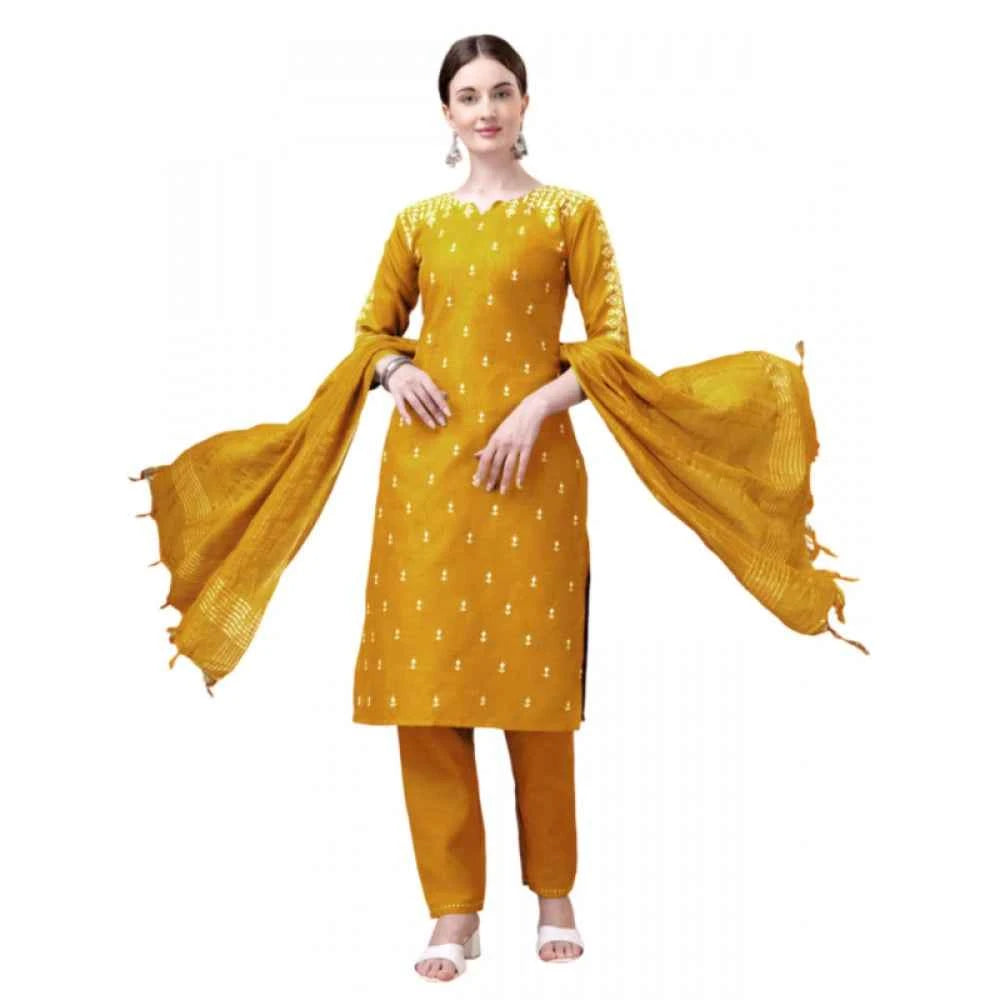 3-4 th Sleeve Embroidery Cotton Kurti Pant Dupatta Set (Yellow)