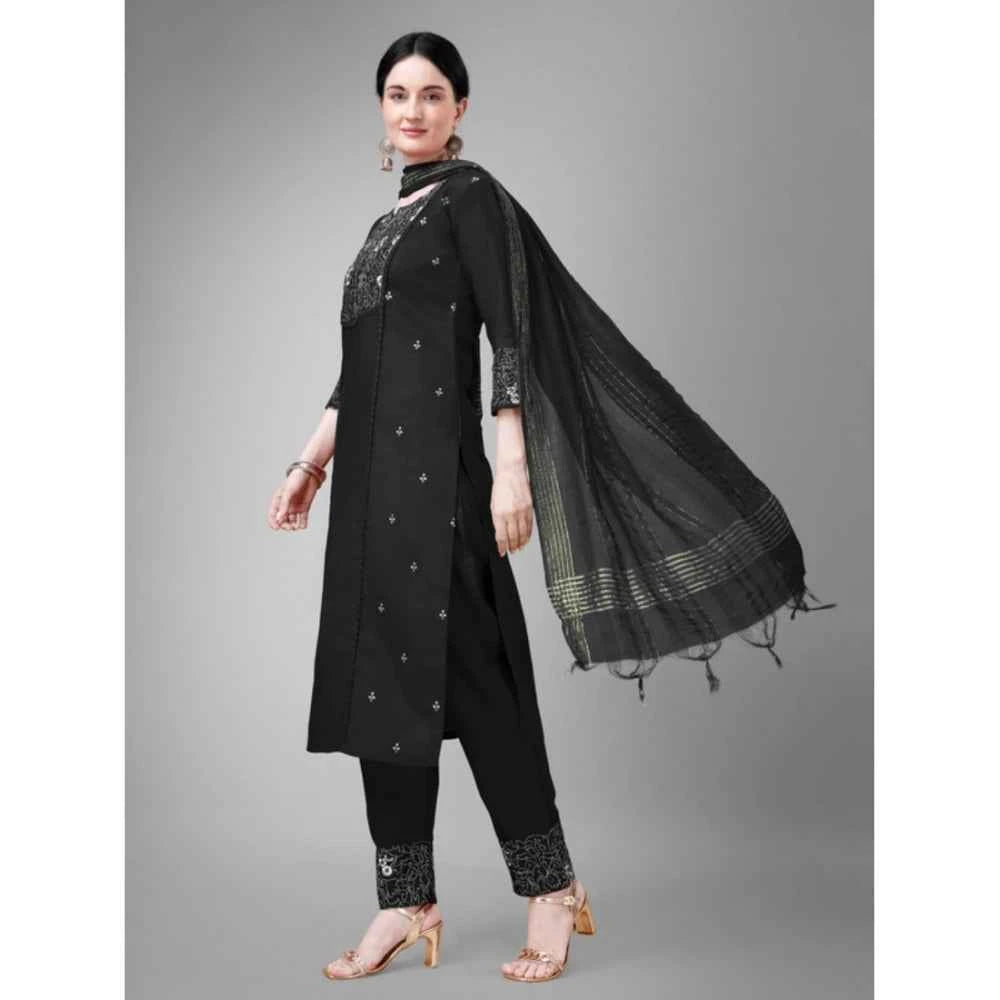 3-4 Sleeve Black Embroidery Kurti Set with Pant and Dupatta - Vividh