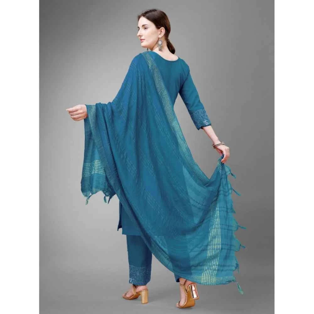 3-4 th Sleeve Embroidery Cotton Kurti Pant Dupatta Set (Blue )
