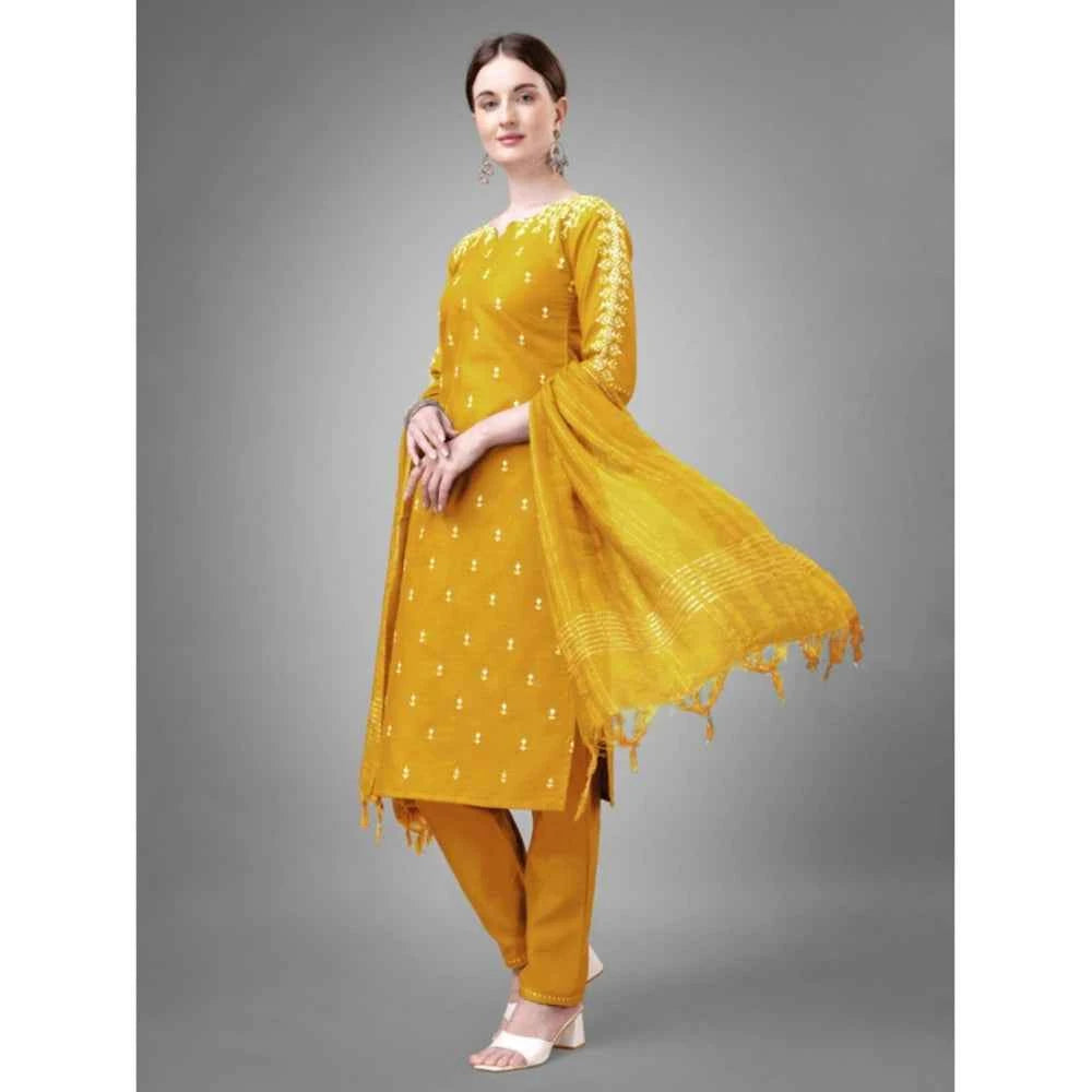 3-4 th Sleeve Embroidery Cotton Kurti Pant Dupatta Set (Yellow)