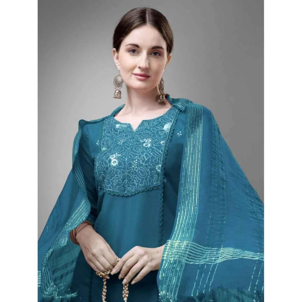3-4 th Sleeve Embroidery Cotton Kurti Pant Dupatta Set (Blue )