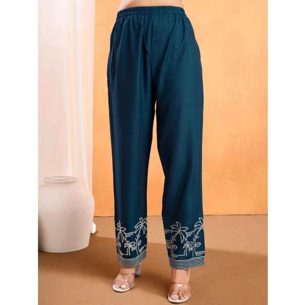 Viscose Rayon Embroidered Chinese Collar Kurti with Pant Set (Green)