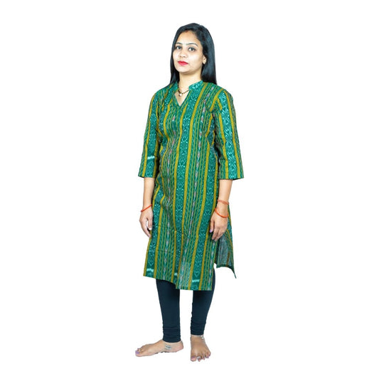 Sambalpuri Cotton Kurti - Handloom Pure Cotton Straight Kurti in Green