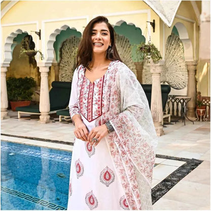 3/4th Sleeve Block Print Cotton Kurti Set (White And Marron) for Stylish Comfort - Vividh