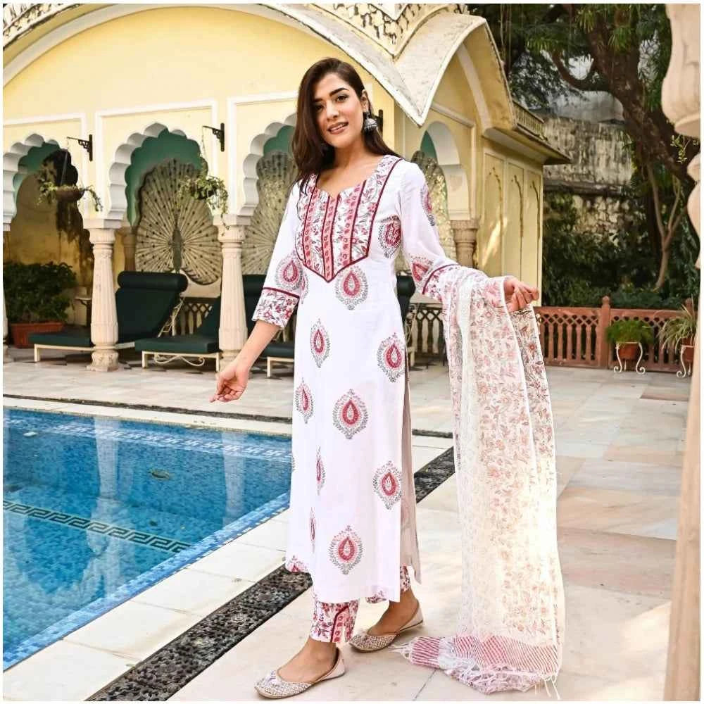 3/4th Sleeve Block Print Cotton Kurti Set (White And Marron) for Stylish Comfort - Vividh