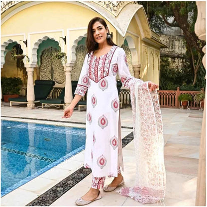 3/4th Sleeve Block Print Cotton Kurti Set (White And Marron) for Stylish Comfort - Vividh