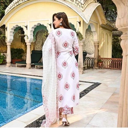 3/4th Sleeve Block Print Cotton Kurti Set (White And Marron) for Stylish Comfort - Vividh