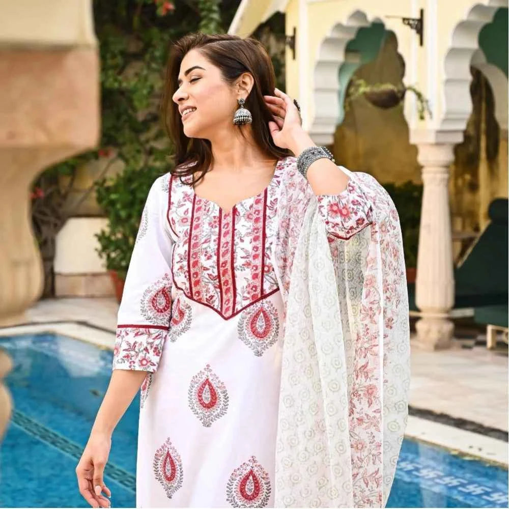 3/4th Sleeve Block Print Cotton Kurti Set (White And Marron) for Stylish Comfort - Vividh