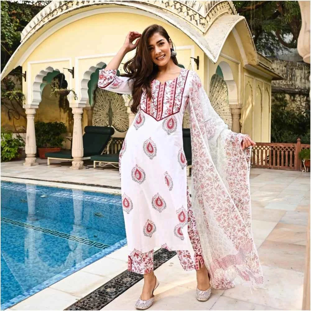 3/4th Sleeve Block Print Cotton Kurti Set (White And Marron) for Stylish Comfort - Vividh
