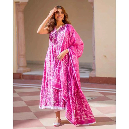 Sleeveless Printed Cotton Kurti Set for Women - Pink Design - Vividh