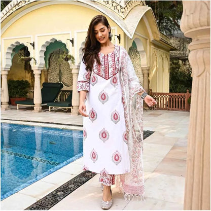 3/4th Sleeve Block Print Cotton Kurti Set (White And Marron) for Stylish Comfort - Vividh