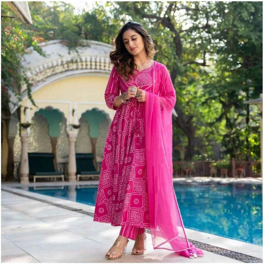 3/4th Sleeve Printed Cotton Kurti Set Pink - Stylish Ethnic Wear for Women - Vividh