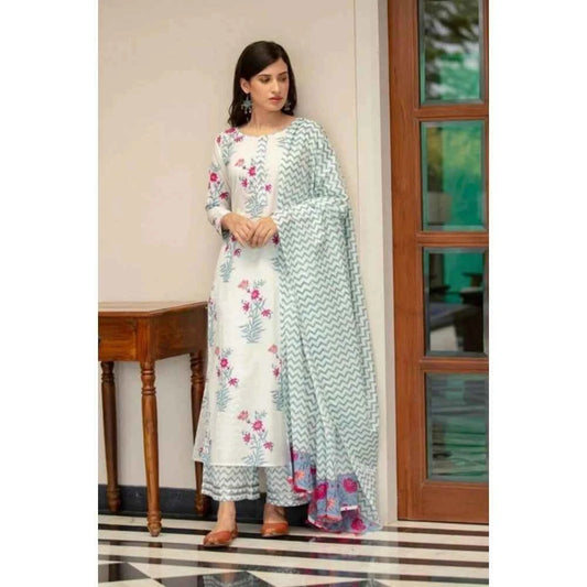 3/4th Sleeve Floral Print White Cotton Kurti Set - Vividh