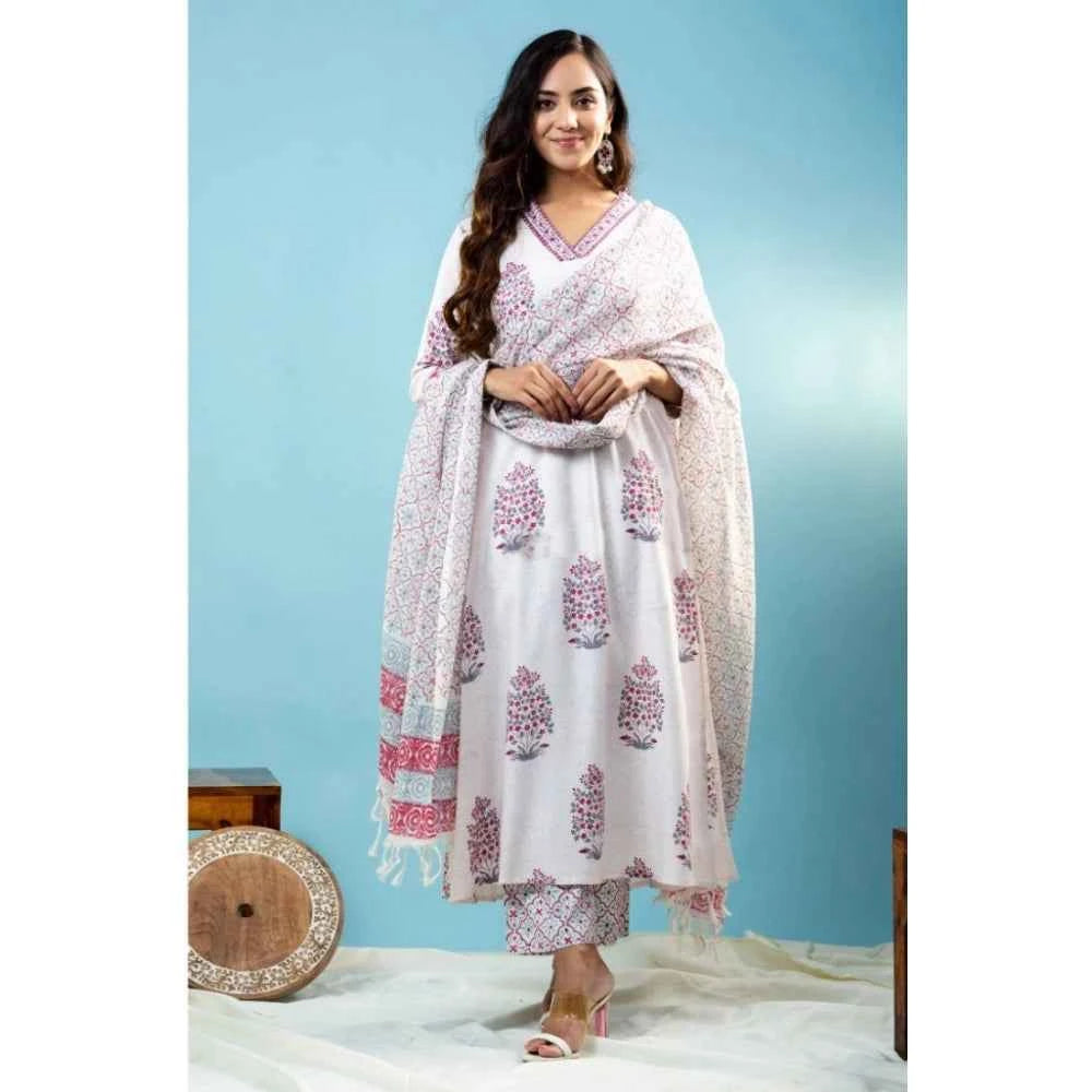 3/4th Sleeve Floral Print Cotton Kurti Set in Off White - Floral Print Cotton Kurti - Vividh