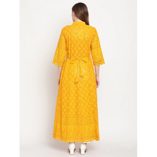 Mustard Embroidered Cotton Kurti with 3/4th Sleeves