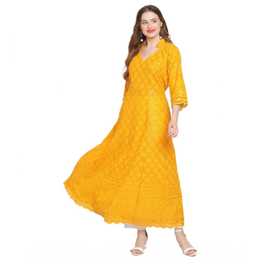Mustard Embroidered Cotton Kurti with 3/4th Sleeves