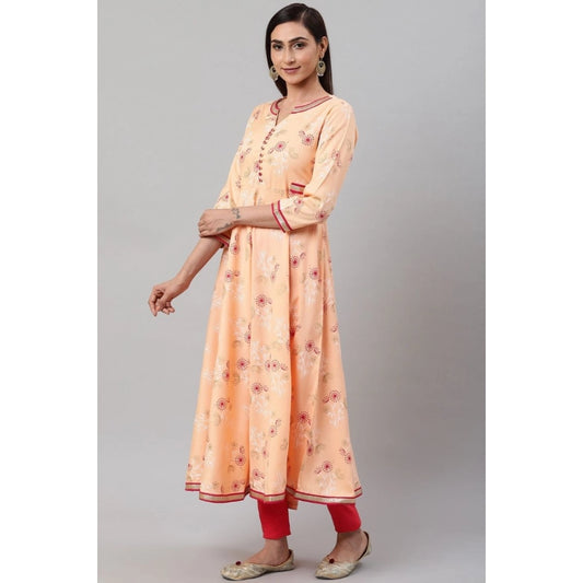 3/4 Sleeve Floral Printed Rayon Kurti in Peach