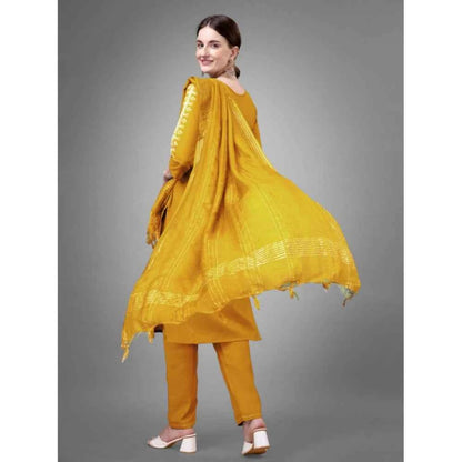 3-4 th Sleeve Embroidery Cotton Kurti Pant Dupatta Set (Yellow)