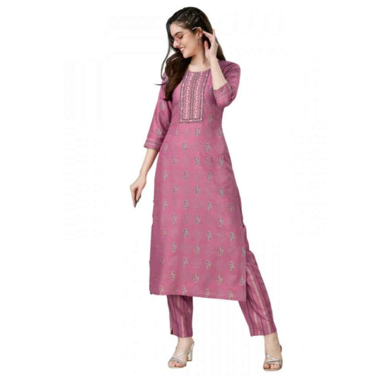 3-4 th Sleeve Embroidery Rayon Kurti Pant Set (Purple)