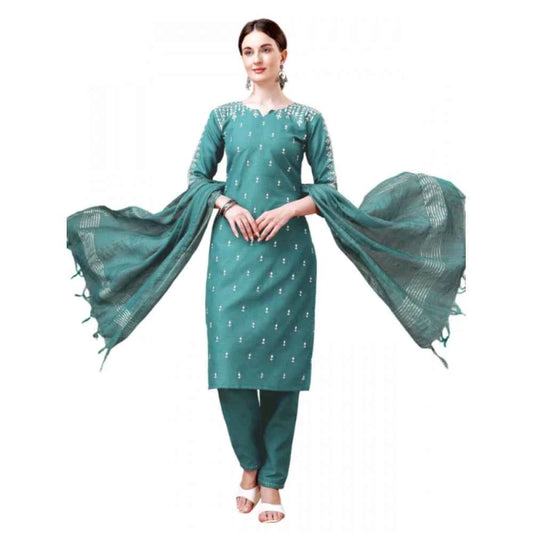 3-4 th Sleeve Embroidery Cotton Kurti Pant Dupatta Set (Teal)