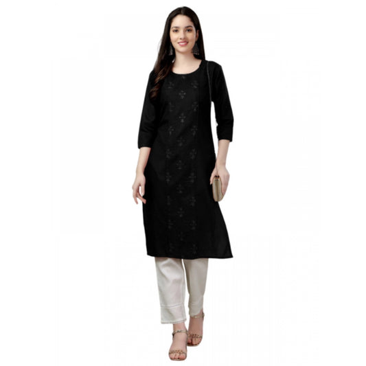 3-4th Sleeve Black Embroidery Cotton Kurti | Indian Ethnic Style