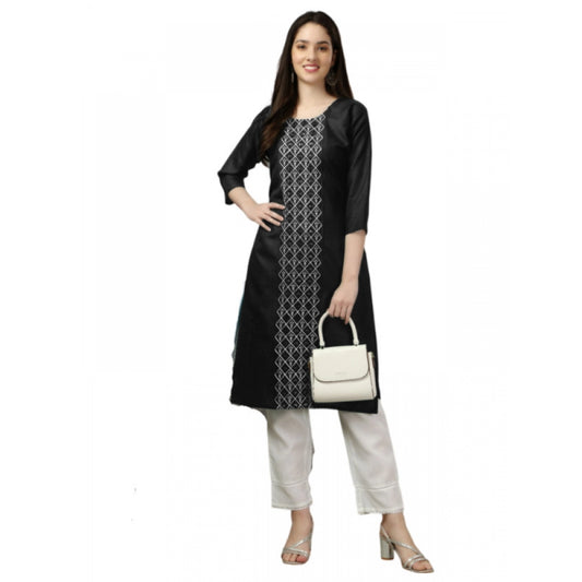 3-4th Sleeve Black Embroidery Cotton Kurti