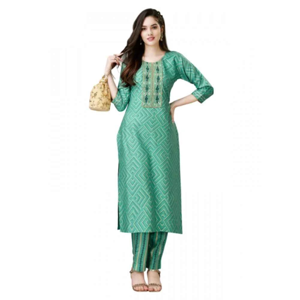 3-4 th Sleeve Embroidery Rayon Kurti Pant Set (Green)