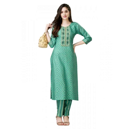 3-4 th Sleeve Embroidery Rayon Kurti Pant Set (Green)