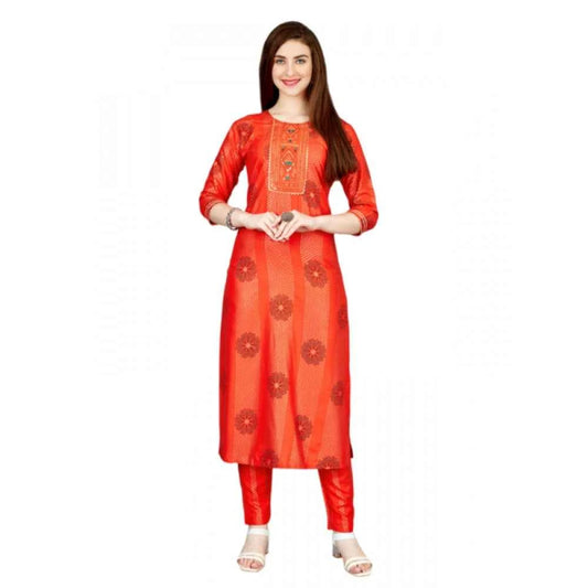 3-4 th Sleeve Embroidery Rayon Kurti Pant Set (Orange)