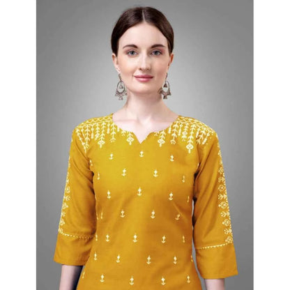 3-4 th Sleeve Embroidery Cotton Kurti Pant Dupatta Set (Yellow)
