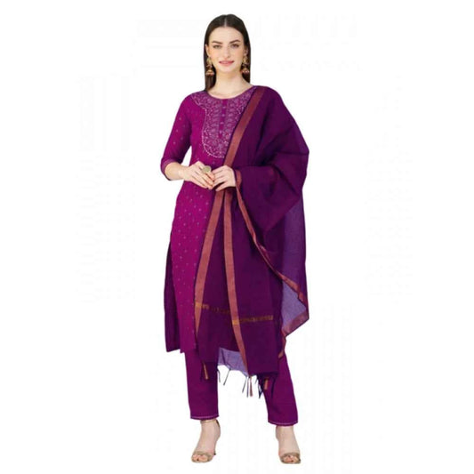 3-4 th Sleeve Embroidery Cotton Kurti Pant Dupatta Set (Purple)