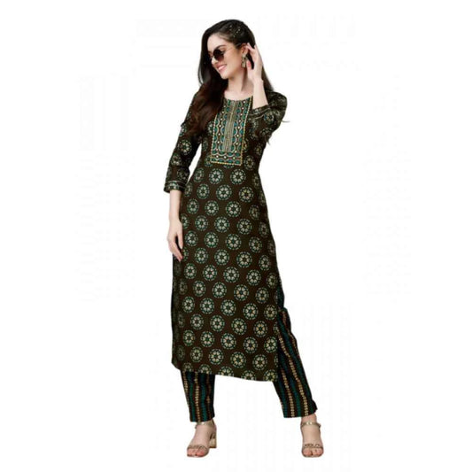 3-4 Sleeve Brown Embroidery Kurti Pant Set in Rayon - Vividh