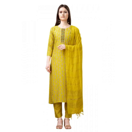 3-4 Sleeve Yellow Kurti Pant Set with Dupatta in Rayon for Women - Vividh