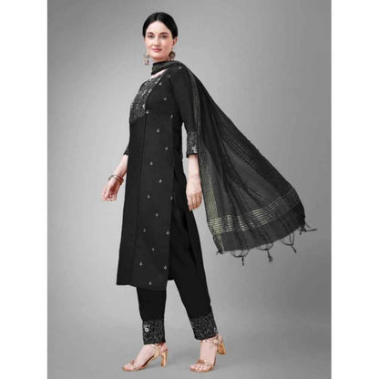 3-4 Sleeve Black Embroidery Kurti Set with Pant and Dupatta - Vividh