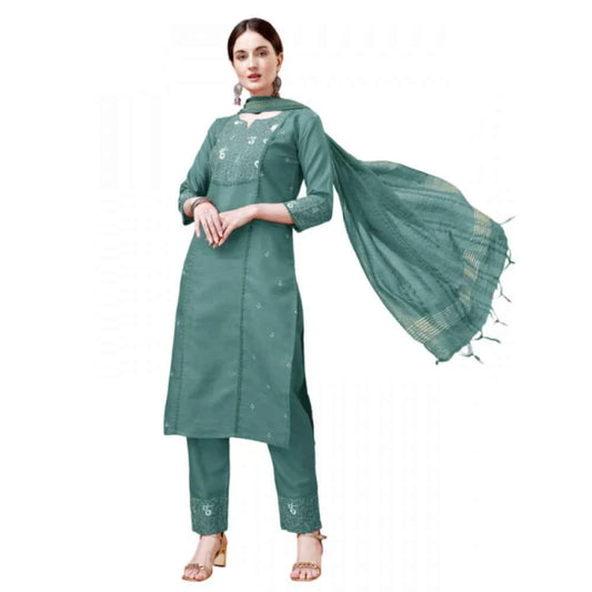 3-4 th Sleeve Embroidery Cotton Kurti Pant Dupatta Set (Teal)