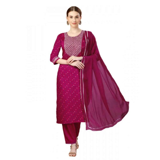 3-4 th Sleeve Embroidery Silk Blend Kurti Pant Dupatta Set (Rani)