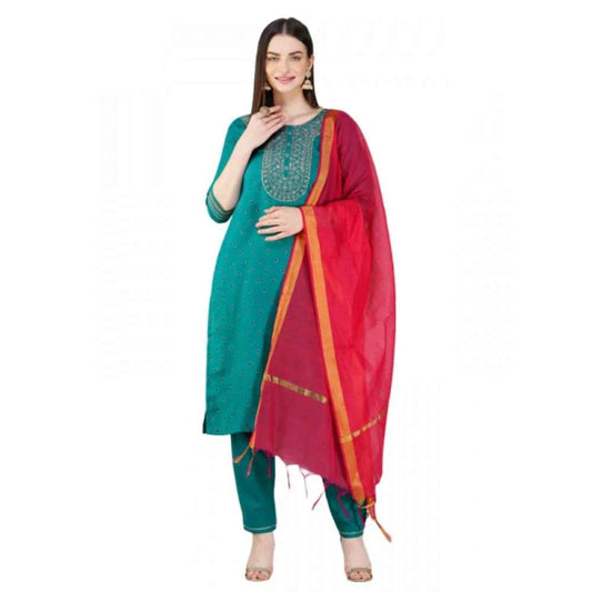3-4 th Sleeve Embroidery Cotton Kurti Pant Dupatta Set (Light Green)