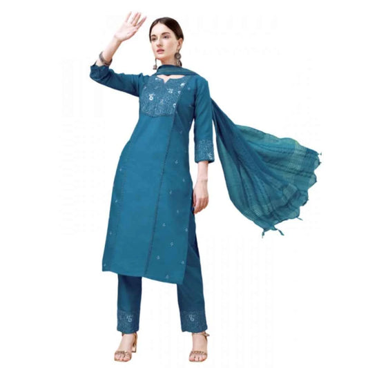 3-4 th Sleeve Embroidery Cotton Kurti Pant Dupatta Set (Blue )