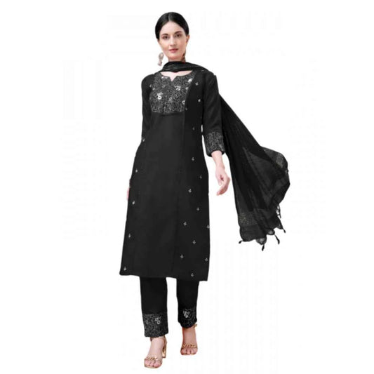 3-4 Sleeve Black Embroidery Kurti Set with Pant and Dupatta - Vividh