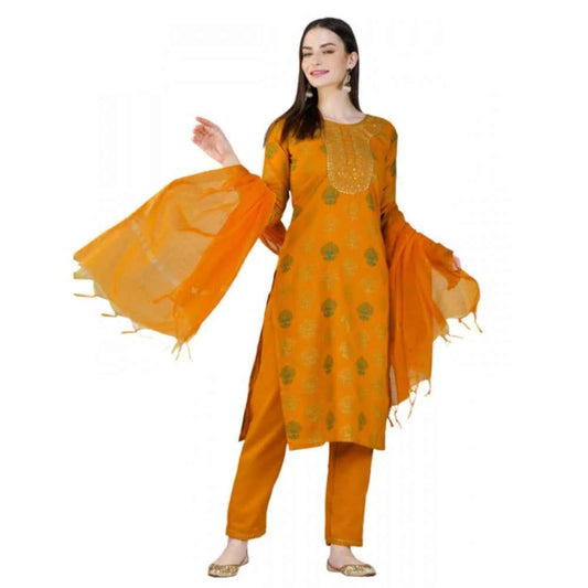 3-4 th Sleeve Embroidery Cotton Kurti Pant Dupatta Set (Yellow)